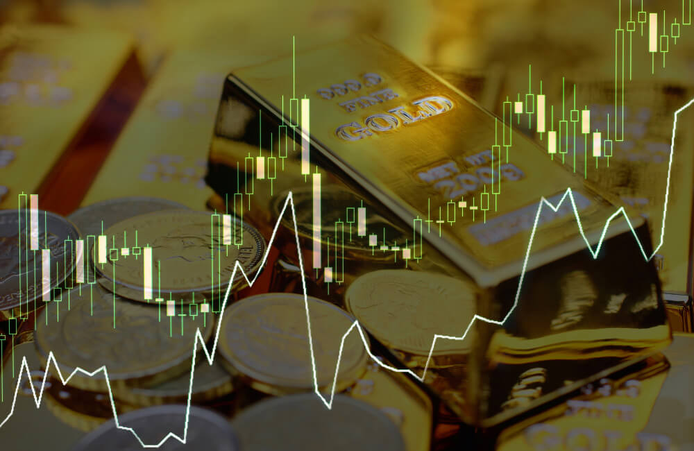 2 line charts on a gold bar and gold coins background image